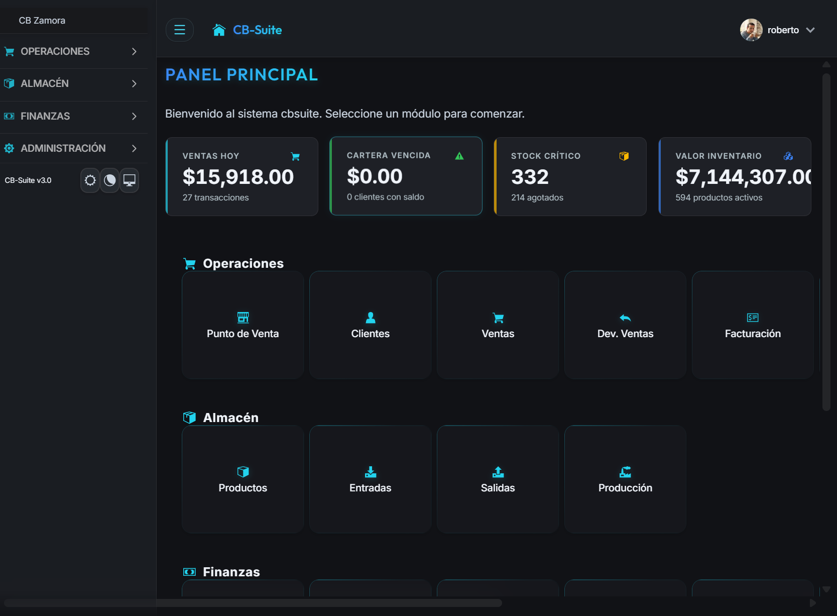 Dashboard de CBSuite-ERP en modo oscuro — ERP en producción para agroquímicas